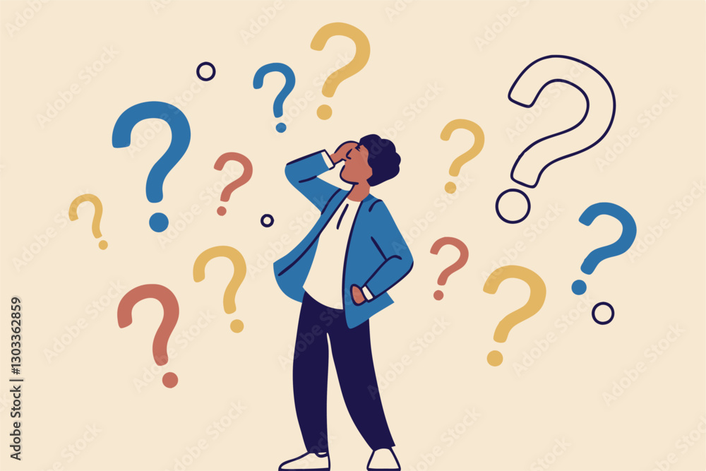 Ask questions, FAQ, problem or curiosity, doubt and confusion to be answer, challenge and uncertainty, unknown information or solution concept, contemplation businessman thinking with question marks. Ask questions, FAQ, problem or curiosity, doubt and confusion to be answer, challenge and uncertainty, unknown information or solution concept, contemplation businessman thinking with question marks.