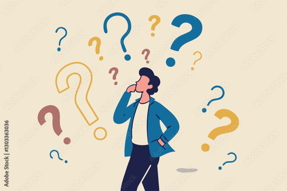 Ask questions, FAQ, problem or curiosity, doubt and confusion to be answer, challenge and uncertainty, unknown information or solution concept, contemplation businessman thinking with question marks. Ask questions, FAQ, problem or curiosity, doubt and confusion to be answer, challenge and uncertainty, unknown information or solution concept, contemplation businessman thinking with question marks.