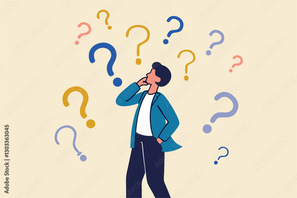 Ask questions, FAQ, problem or curiosity, doubt and confusion to be answer, challenge and uncertainty, unknown information or solution concept, contemplation businessman thinking with question marks.