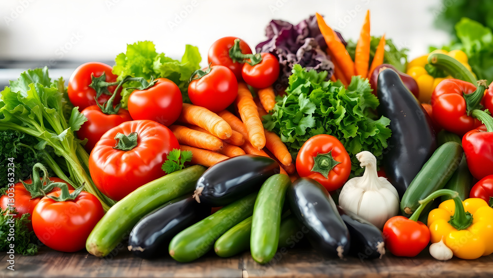 a vibrant array of fresh vegetables including tomatoes, carrots, cucumber, and peppers. They are arranged on a table a vibrant array of fresh vegetables including tomatoes, carrots, cucumber, and peppers. They are arranged on a table