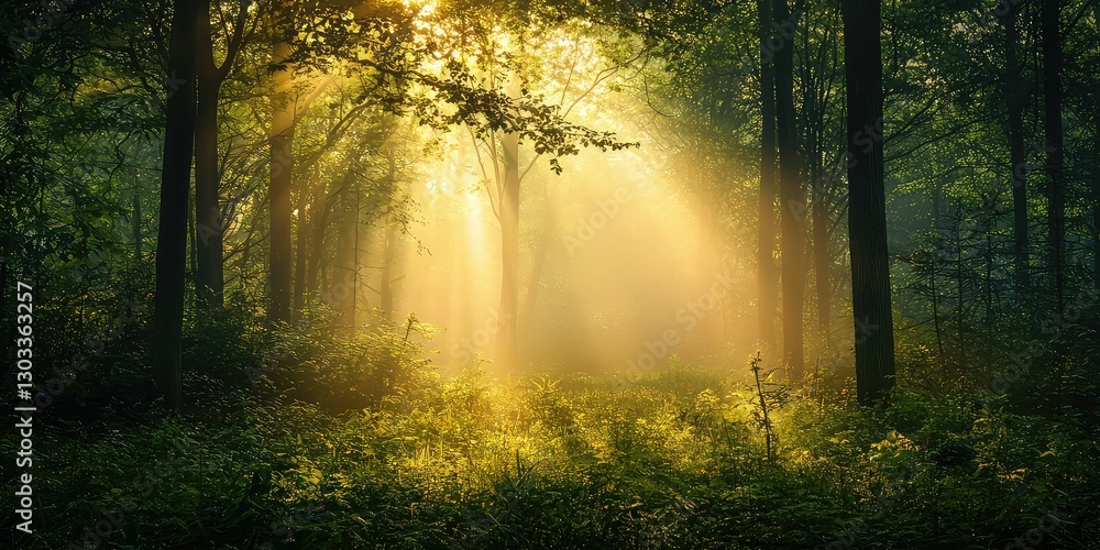 Fototapeta premium Mystic woodland where golden light and mist intertwine over the rich greenery