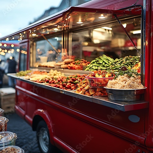 Red food truck loaded with market goods
