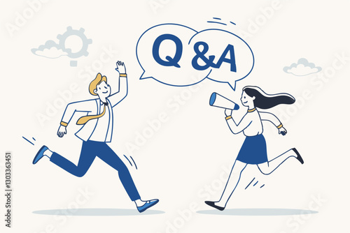 QA, question and answer session, FAQ or frequently asked questions, information to solve problem concept, businessman and woman shouting on megaphone as Q and A on speech bubble.