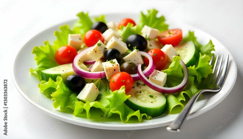 Primer plano de una ensalada griega en un plato blanco, con lechuga fresca, pepinos en rodajas, tomates cortados en cubitos, aceitunas negras, aros de cebolla roja y cubitos de queso feta, sazonados Primer plano de una ensalada griega en un plato blanco, con lechuga fresca, pepinos en rodajas, tomates cortados en cubitos, aceitunas negras, aros de cebolla roja y cubitos de queso feta, sazonados