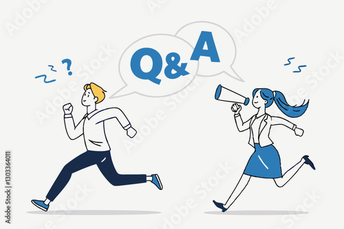 QA, question and answer session, FAQ or frequently asked questions, information to solve problem concept, businessman and woman shouting on megaphone as Q and A on speech bubble.