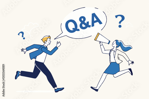 QA, question and answer session, FAQ or frequently asked questions, information to solve problem concept, businessman and woman shouting on megaphone as Q and A on speech bubble.