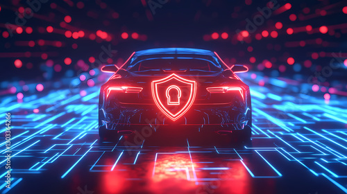 Car Security: Futuristic car showcases digital shield, symbolizing safety and protection in the digital world. This image captures the essence of cybersecurity for vehicles.