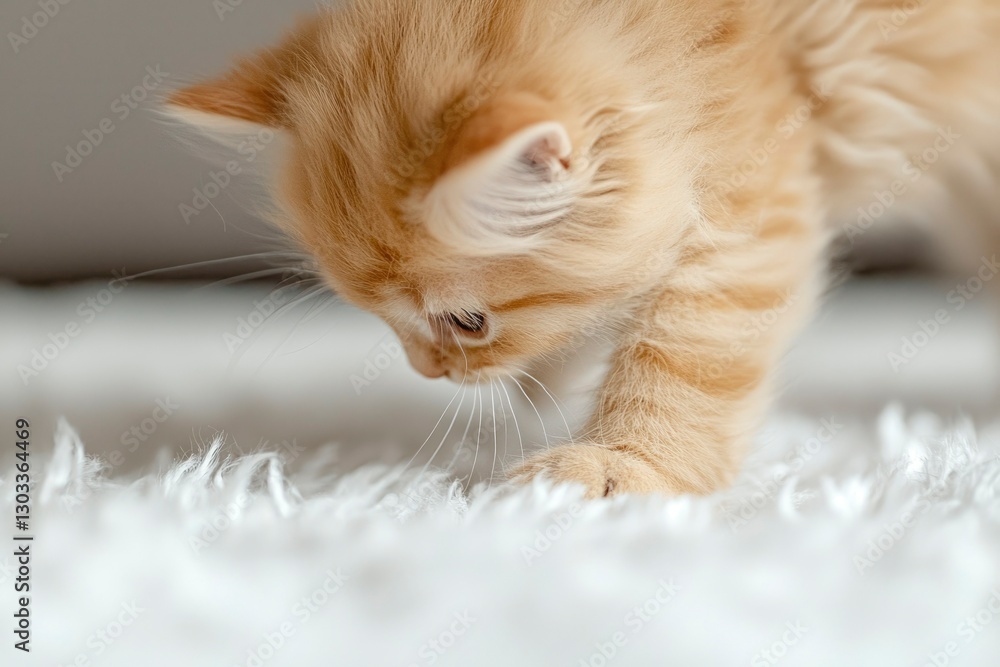Obraz premium Kitten exploring a white fluffy rug. Perfect for pet care, and domestic animals