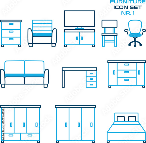 Möbel - Tisch, Sessel, Couch, Schrank, Stuhl, Bett, Kommode - furniture icon set