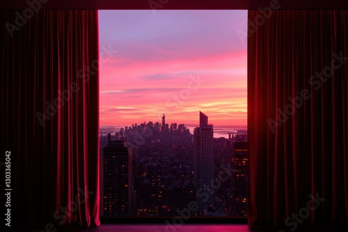 City view at dusk through open curtains. Dreamlike cityscape for interior decor