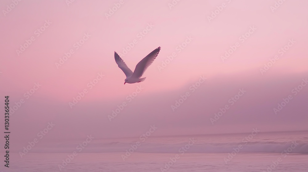 Fototapeta premium A lone seagull soaring against a muted pastel sky.