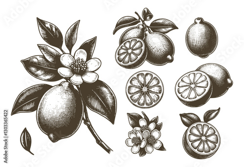 Vintage Engraved Citrus Fruit And Floral Vector Sketch Set Collection Featuring Lemons, Blossoms, Slices, And Leaves In Classic Style  
