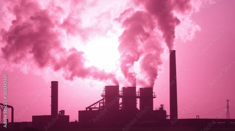 Industrial smokestacks emitting pink-hued smoke against a vibrant sky for pollution awareness 
