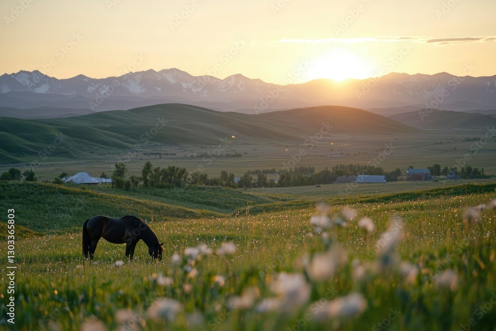 Horse grazes in meadow at dawn with mountains. Countryside scene background Horse grazes in meadow at dawn with mountains. Countryside scene background