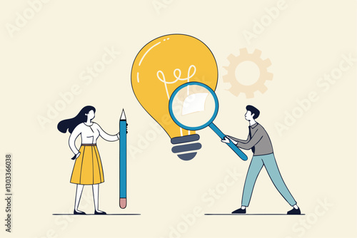 Business viability checking, feasibility study by market research to see possibility to success in real world, evaluate profitable of business idea, businessman with magnifier analyze lightbulb idea.