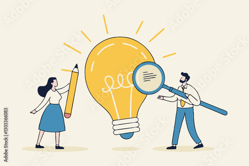 Business viability checking, feasibility study by market research to see possibility to success in real world, evaluate profitable of business idea, businessman with magnifier analyze lightbulb idea.