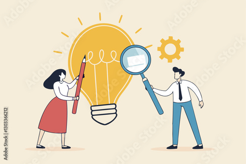 Business viability checking, feasibility study by market research to see possibility to success in real world, evaluate profitable of business idea, businessman with magnifier analyze lightbulb idea.