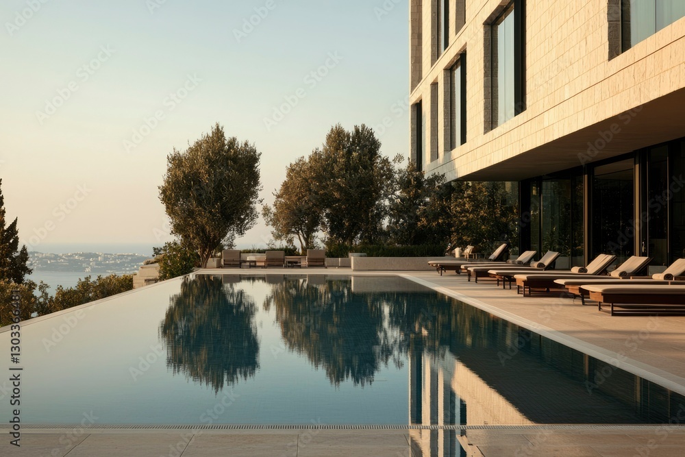 Fototapeta premium Infinity pool reflects building and trees on scenic location. Leisure lifestyle ad