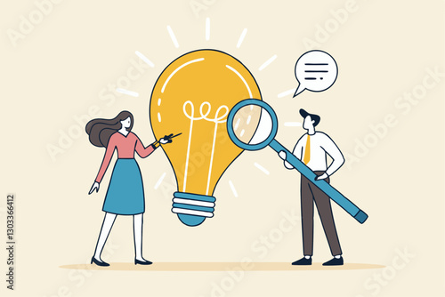 Business viability checking, feasibility study by market research to see possibility to success in real world, evaluate profitable of business idea, businessman with magnifier analyze lightbulb idea.