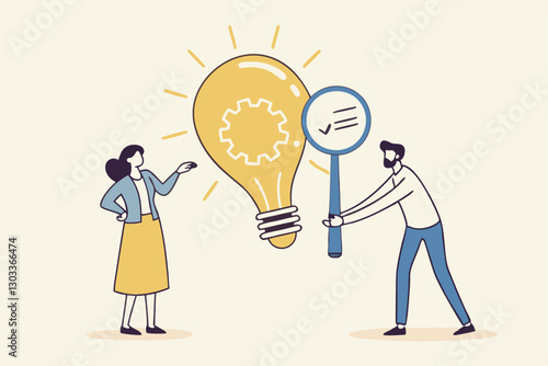 Business viability checking, feasibility study by market research to see possibility to success in real world, evaluate profitable of business idea, businessman with magnifier analyze lightbulb idea.