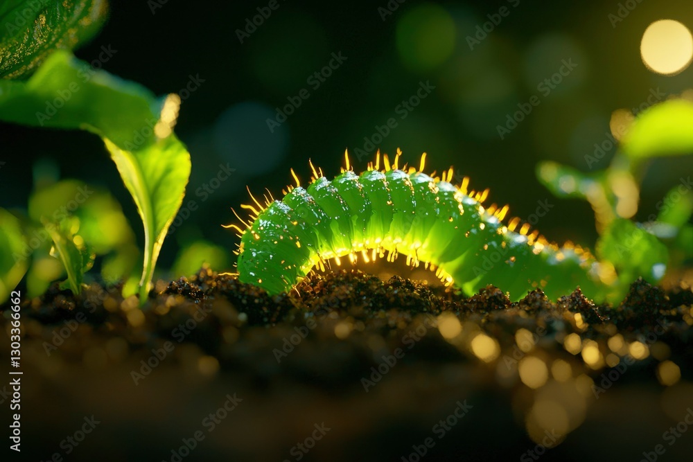 Caterpillar eating green plants in a garden with sun flares for nature use Caterpillar eating green plants in a garden with sun flares for nature use
