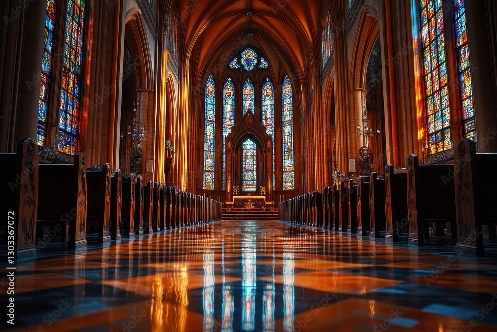 Interior View of Elegant Cathedral with Stained Glass Windows and Rows of Seating Benches Structure Interior View of Elegant Cathedral with Stained Glass Windows and Rows of Seating Benches Structure