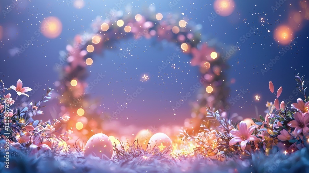 Pastel Easter Eggs in a Glowing Floral Wreath Pastel Easter Eggs in a Glowing Floral Wreath