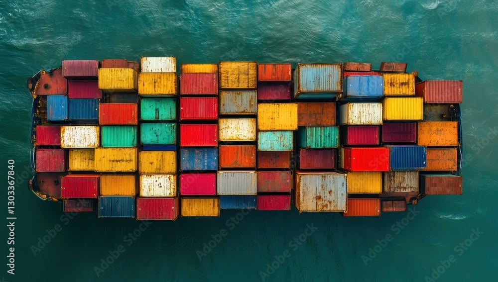 Fototapeta premium Aerial View of Colorful Shipping Containers on a Cargo Ship in a Blue Ocean