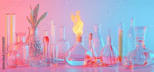 Illuminated Labware:  Artistic composition of glass labware, meticulously arranged and illuminated with a striking mix of colored light creating vibrant reflections and artistic shadows.