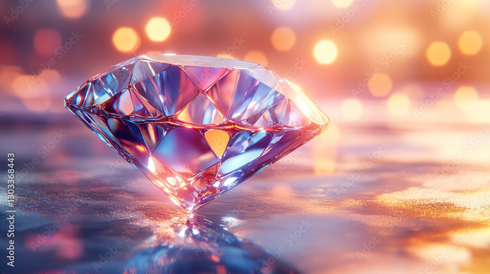A stunning 3D-rendered glass diamond with a mesmerizing refraction effect. Vibrant, colorful light reflections dance across its surface, creating a modern, elegant, and luxurious visual appeal A stunning 3D-rendered glass diamond with a mesmerizing refraction effect. Vibrant, colorful light reflections dance across its surface, creating a modern, elegant, and luxurious visual appeal