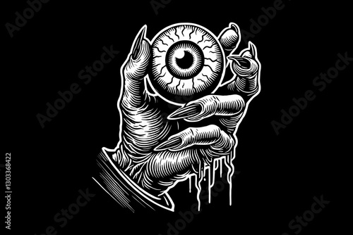 Dark art illuminati eye on hand black and white illustration