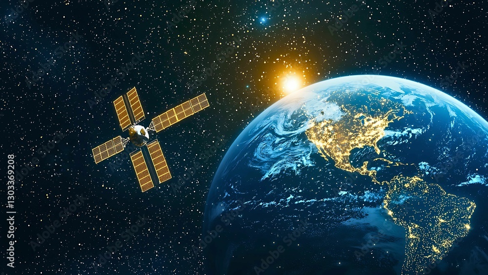 satellite orbiting the Earth with a view of the sun. satellite orbiting the Earth with a view of the sun.