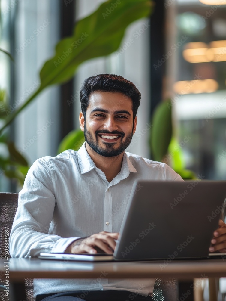 Smiling indian businessman working on laptop in modern office lobby space. Young indian student using computer remote studying, watching online webinar, zoom virtual training on video call meeting. Smiling indian businessman working on laptop in modern office lobby space. Young indian student using computer remote studying, watching online webinar, zoom virtual training on video call meeting.