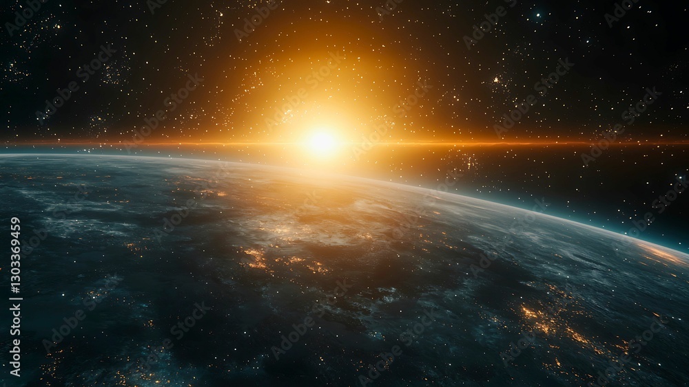 Fototapeta premium earth and sun rising from space with glowing lights.