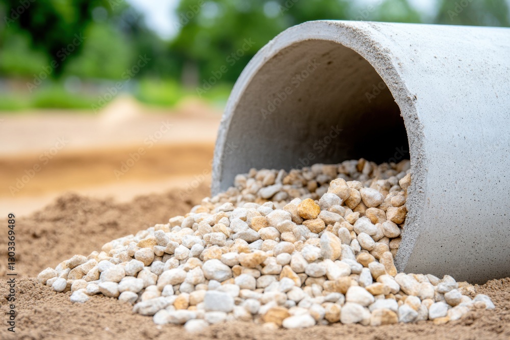 Small stones spilling out of concrete pipe, creating a pile on dirt ground.