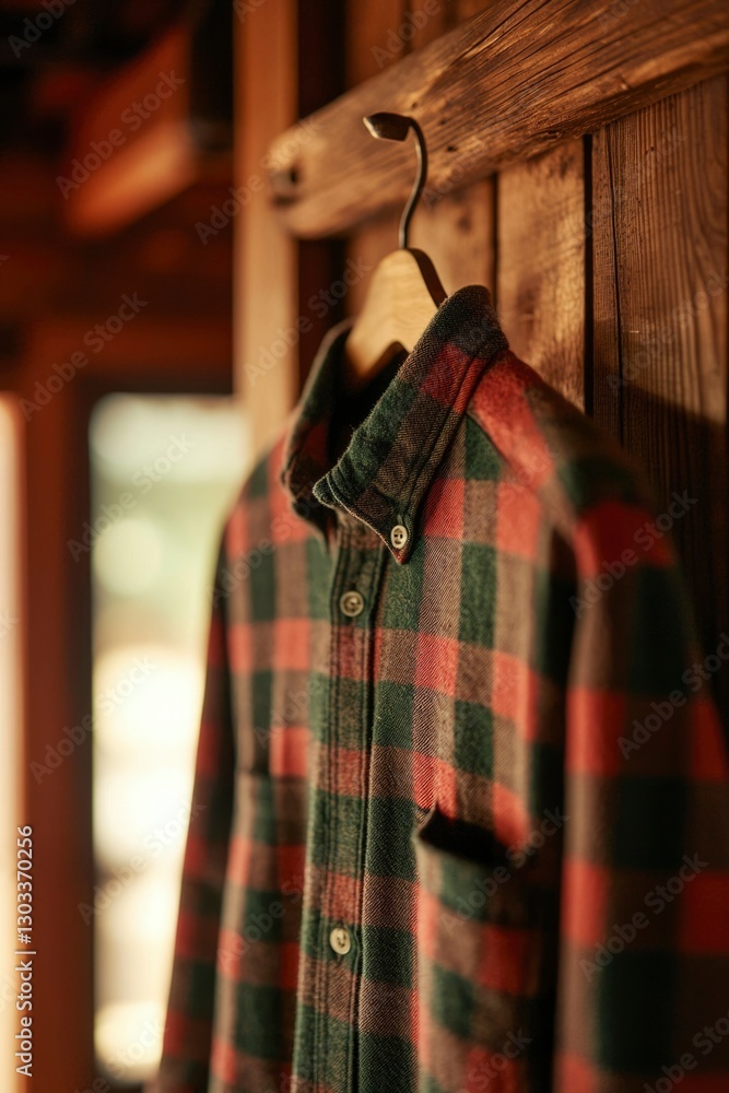 Fototapeta premium Plaid shirt hangs on rustic wooden wall. Relaxed vibe, can be used in fashion