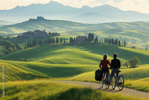 A couple on a bicycle traveling through a picturesque countryside photo