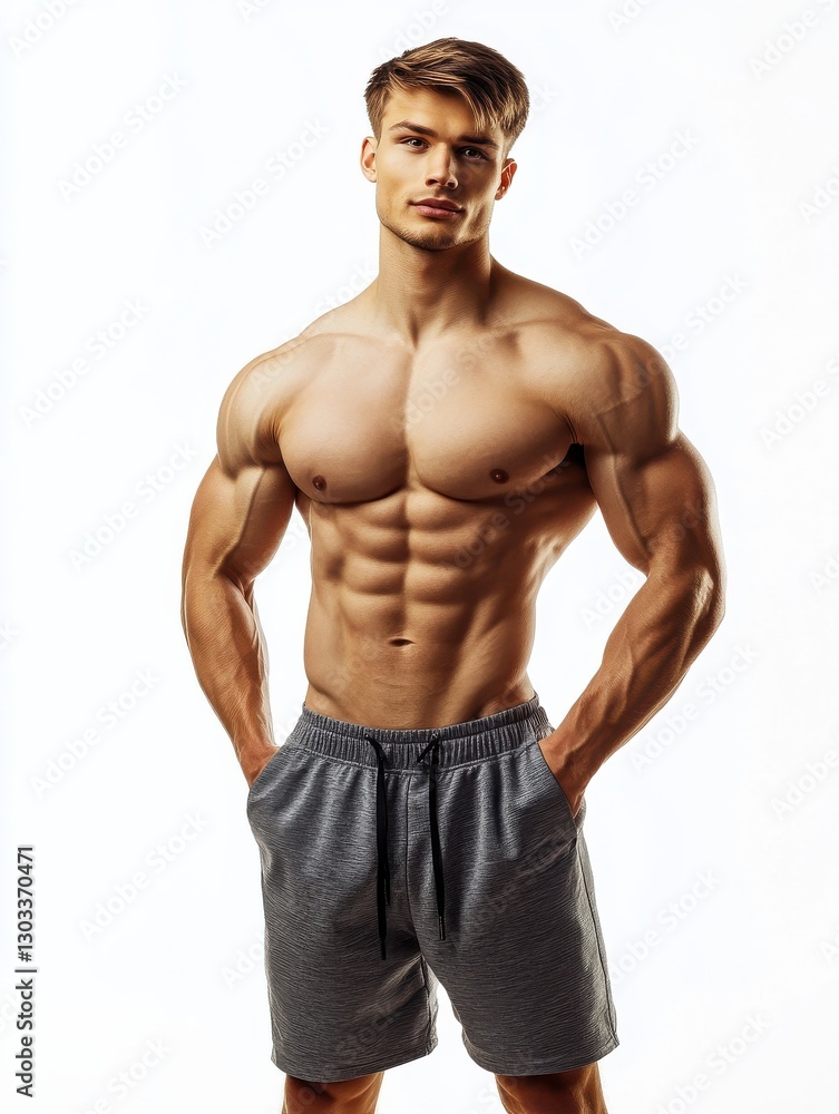 Fototapeta premium Handsome muscular man in fitness outfit isolated on bright white background with copy space