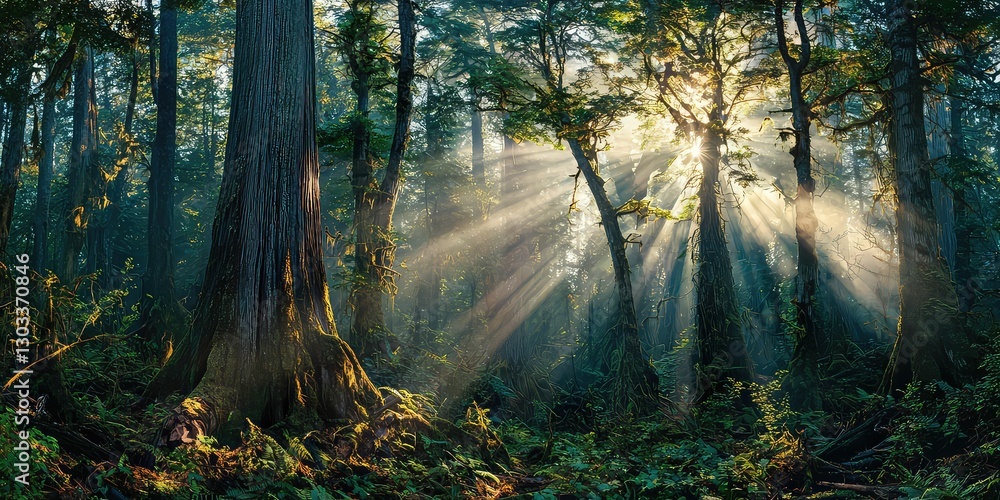 Fototapeta premium Rays of sun illuminating ancient forest trees, creating a scene of tranquility