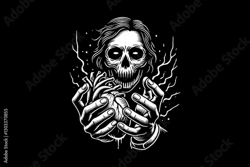 hand holding heart tattoo Dark art black and white illustration