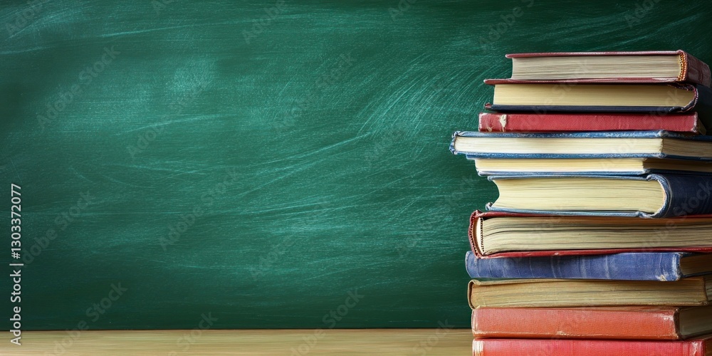 stack of books on the right side with an empty green chalkboard background, representing education and learning in a school or university setting stack of books on the right side with an empty green chalkboard background, representing education and learning in a school or university setting