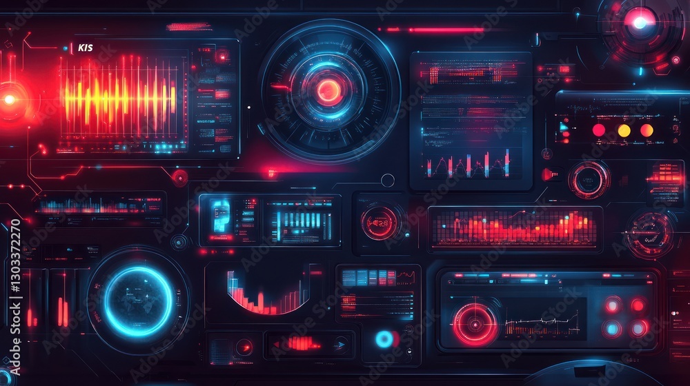 Futuristic HUD interface with digital displays, graphs, and controls in red and blue. Futuristic HUD interface with digital displays, graphs, and controls in red and blue.