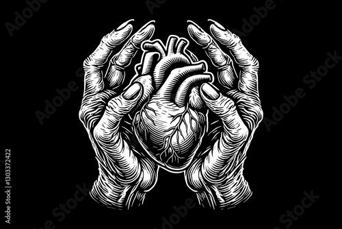 hand holding heart tattoo Dark art black and white illustration