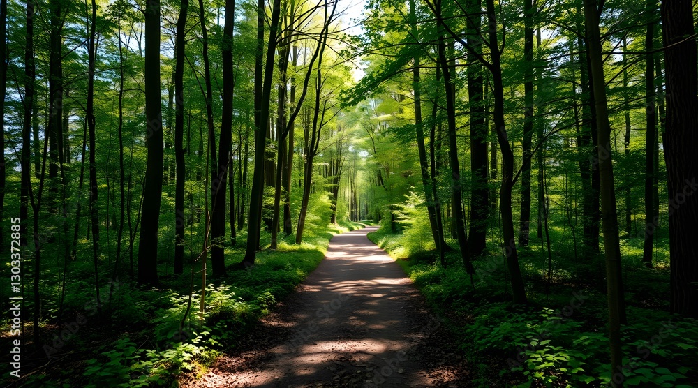 Obraz premium A serene forest pathway illuminated by sunlight, inviting exploration through lush greenery and tranquil surroundings, perfect for a refreshing outdoor adventure. 