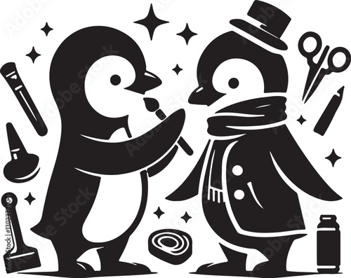 Adorable Penguin in Antarctica Landscape, Cute Cartoon Penguin Illustration.