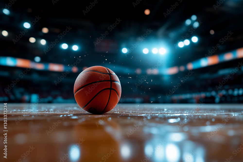 A single basketball resting at the center of a dimly lit indoor basketball arena A single basketball resting at the center of a dimly lit indoor basketball arena