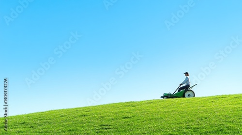 Serene Hillside Mowing: A Person on a Lawn Mower Enjoying a Sunny Day
