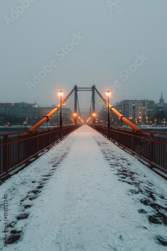 Snowy bridge view with illuminated lights, winter scene, calm background