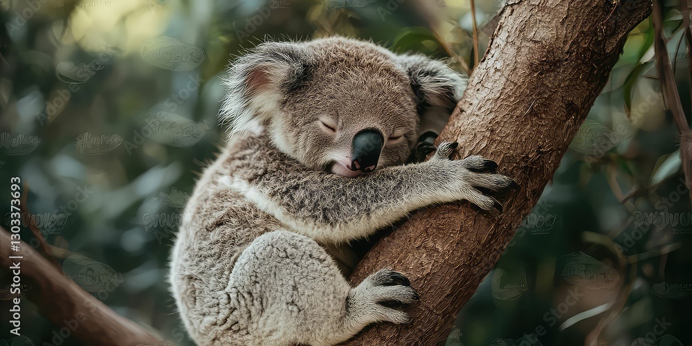 Obraz premium Sleepy koala hugging a eucalyptus tree branch
