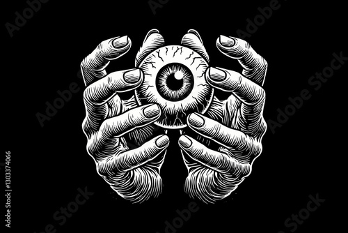 Dark art hand holding eye black and white illustration